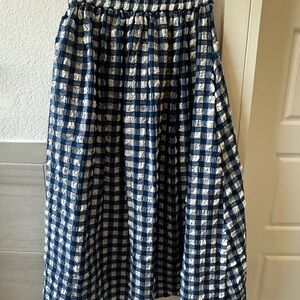 Navy and White Gingham Midi Skirt — Elastic Waist